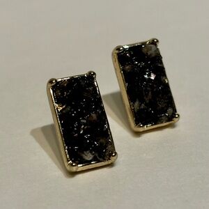 Natural Black Druzy Quartz Crystal Gold Plated Bar Stud Earrings 0.6"